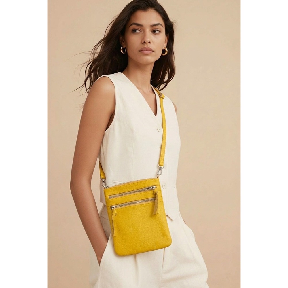 Befen Yellow Pebbled Leather‎ Crossbody Bag Small Multi-Zipper Messenger Purse